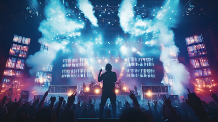 A high-energy rock concert stage, with towering amplifiers, massive LED screens, and flashing,...