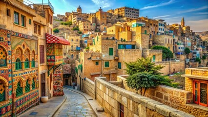 Fototapeta premium Vibrant colors and intricate patterns adorn ancient stone walls in Jordan's bustling streets, where traditional architecture harmoniously blends with modern urban artistic expression.