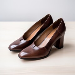Fototapeta premium Elegant Brown Leather High Heels on Wooden Surface - Fashion and Footwear Photography
