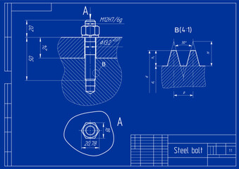 Vector engineering cad drawing of mechanical part (steel bolt)
with thread. Computer design of machine parts
with through hole, bolted connection 
and dimension lines. Technical background.