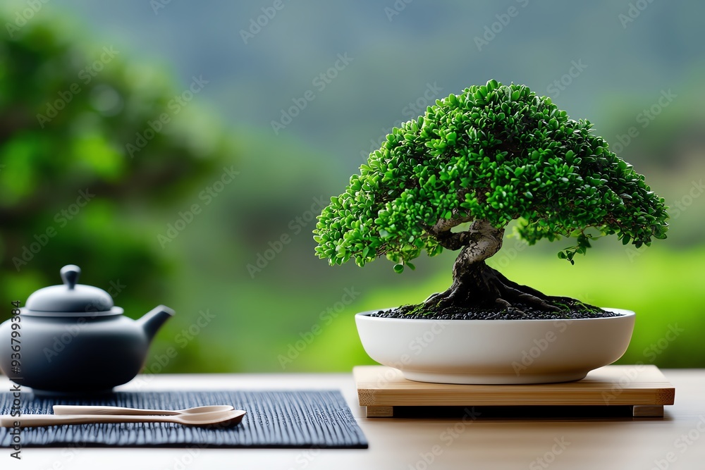 Poster a serene bonsai tree displayed in a modern pot, creating a peaceful atmosphere perfect for relaxatio