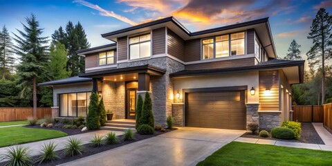 Fototapeta premium Modern house with open floor plan, sleek lines, and abundant natural light shines in a tranquil neighborhood, offering a perfect blend of form and function.