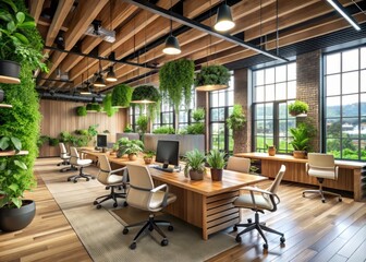 Fototapeta premium Natural elements like plants, wood, and large windows blend with automated lighting, climate control, and ergonomic furniture for a healthy and sustainable workplace.