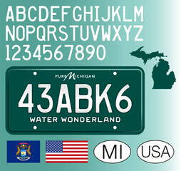 Michigan car license plate, green vintage old style, United States of America, letters, numbers and symbols vector illustration