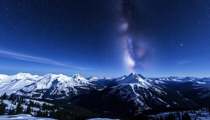 Obraz premium Snow mountains with dramatic starry evening galaxy Beautiful HD wallpaper, ai
