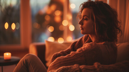 Safe Space: A woman sitting in a cozy, comfortable environment that represents a safe space, with copy space