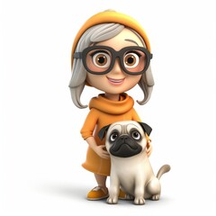 Fototapeta premium Cartoon Woman with Glasses and Pug Dog Illustration - Cute Emotional 3D Character Art
