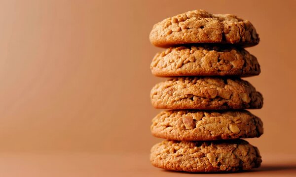 A stack of oatmeal cookies on a warm tan background