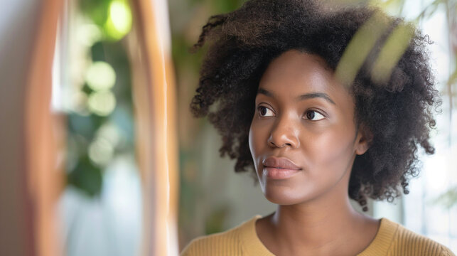 Positive Affirmations: A woman looking in the mirror, repeating positive affirmations to herself, with copy space