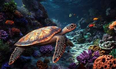 Obraz premium Sea turtle swimming through colorful coral reef.
