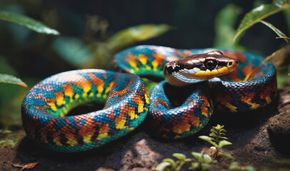 A vibrant, colorful snake rests on a bed of leaves in a tropical rainforest