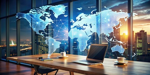 Vibrant double exposure of a graphic America map blending with a modern desk featuring a computer, symbolizing big data, digital technology, and innovative development.