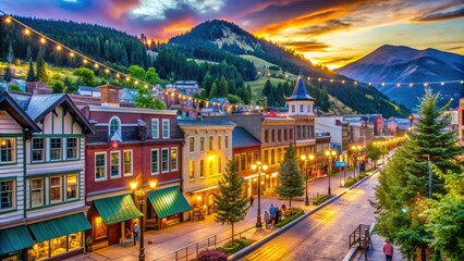 Vibrant downtown scene at dusk with colorful buildings, bustling sidewalks, and twinkling string lights illuminating the charming mountain town's lively atmosphere.
