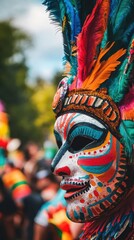 Fototapeta premium A detailed traditional mask adorned with feathers and colorful designs is showcased at a lively cultural festival celebrating heritage