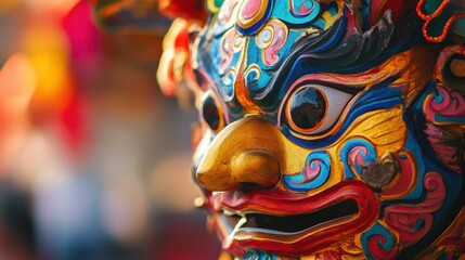 Fototapeta premium A traditional mask featuring bright colors and detailed designs, representing cultural heritage at a festive event