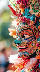 Fototapeta premium A beautifully designed traditional mask showcases intricate patterns and vivid colors, worn during a festive cultural event outdoors