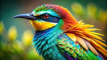 Fototapeta premium Vibrant, exotic plumage unfolds in a stunning array of colors, with iridescent blues, emerald greens, and sunny yellows dancing across delicate, intricate feather patterns.