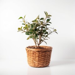 Elegant Indoor Plant in Wicker Basket on White Background - Perfect for Home and Office Decor
