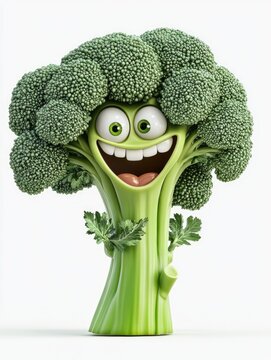 Naklejki A 3D rendering of a broccoli with a funny expression. The broccoli has big eyes and a wide smile.