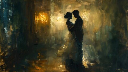 In a shadowy ballroom, a couple sways slowly, every movement captured with flowing strokes of an oil brush, light flickering on their serene expressions