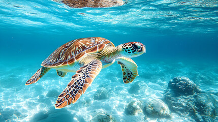 Fototapeta premium A sea turtle gracefully swimming underwater in a clear blue ocean, showcasing its natural beauty and the pristine marine environment. 