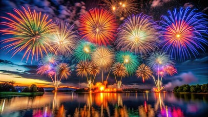 Vibrant fireworks illuminate the dark night sky, casting a kaleidoscope of colors onto the surrounding landscape, creating a magical and festive atmosphere.