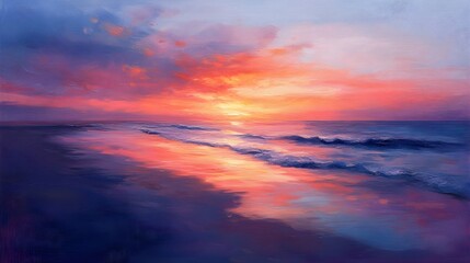 Fototapeta premium Sunset over calm beach, sky aflame with color, soft wave patterns, oil on canvas style, delicate brushstrokes