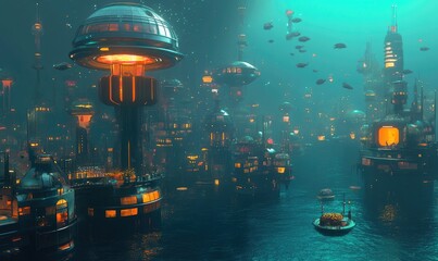 Obraz premium A futuristic city built on water with illuminated buildings, structures, and a boat.