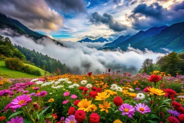 Fototapeta premium Vibrant flowers bloom amidst misty clouds and gentle rain, evoking a serene atmosphere perfect for winter travel, with nature's kaleidoscope of colors on full display.