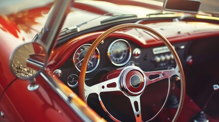 Naklejka premium Classic Car Interior: Steering Wheel and Dashboard