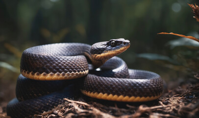 Obraz premium A black rat snake is coiled on the forest floor