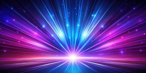 Vibrant, futuristic abstract background featuring radiant, neon-colored rays in shades of purple, violet, and blue, streaking across a dark, gradient blue-purple canvas.