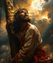 Sorrowful journey: Jesus Christ walking to Golgotha, bearing a heavy wooden cross on his shoulders, his face reflecting suffering and fatigue in this poignant religious depiction.