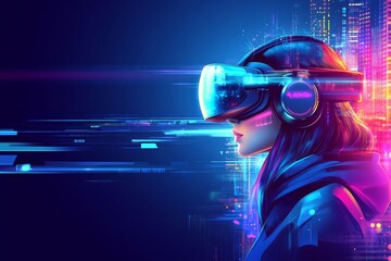 Obraz premium Cyberpunk Metropolis in Virtual Reality: A Woman Immersed in a High Tech Neon Lit Urban Landscape with VR Headset Blending the Grit and Glamour of a Futuristic City