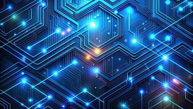 Vibrant futuristic blue circuit board pattern with glowing neon lines, abstract technological elements, and minimalist geometric shapes, conveying innovation and digital connectivity.