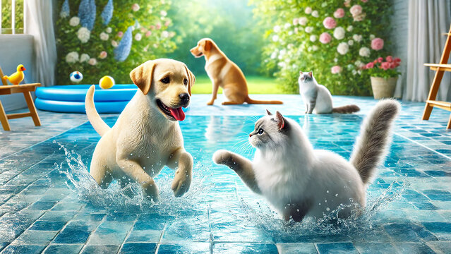 Labrador Retriever and a Siberian Cat splashing in a shallow pool