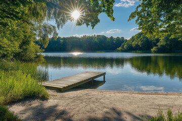 beautiful large lake with a small sandy beach with a wooden pier surrounded by forest, generative AI