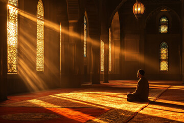pious muslim man prays in mosque, generative AI