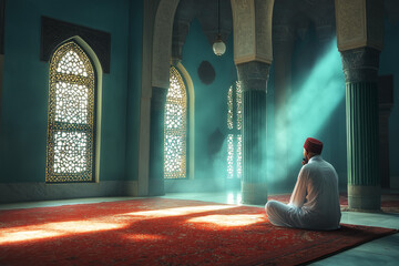 pious muslim man prays in mosque, generative AI