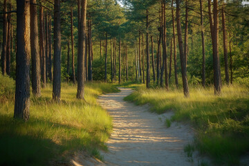 Fototapeta premium forest sand road in beautiful green forest in summer, generative AI