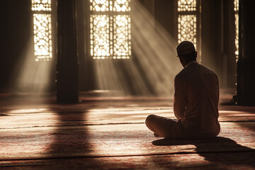 pious muslim man prays in mosque, generative AI