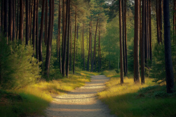 Fototapeta premium forest sand road in beautiful green forest in summer, generative AI