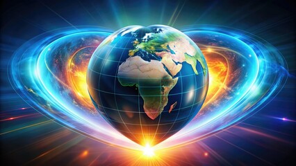 Vibrant globe surrounded by a glowing heart with radiant light, symbolizing love, unity, and compassion for a harmonious and peaceful world.