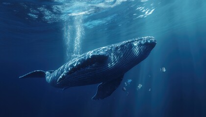 Fototapeta premium A humpback whale swims in the blue ocean, with a trail of bubbles and rays of light shining down.