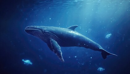 Fototapeta premium A humpback whale swims through the deep blue ocean with a few fish, sunlight beaming down.