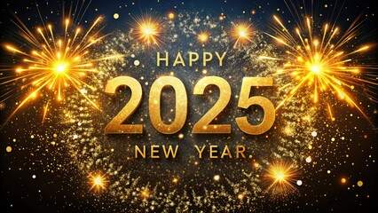 Vibrant golden confetti and glittering fireworks explode against a dark background, celebrating the start of a fresh year with 'Happy New Year 2025' in bold script.