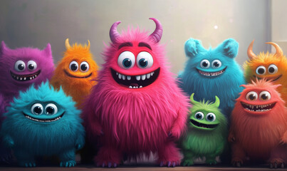 Colorful Furry Cartoon Monsters Group Portrait
