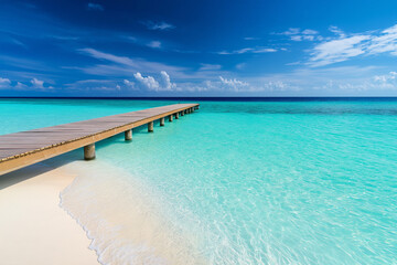 Fototapeta premium light wooden jetty on a beautiful clear turquoise ocean on a beach in the Maldives, wallpaper, generative AI