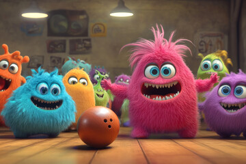Excited Furry Monsters Playing Bowling Together