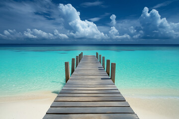 Obraz premium light wooden jetty on a beautiful clear turquoise ocean on a beach in the Maldives, wallpaper, generative AI